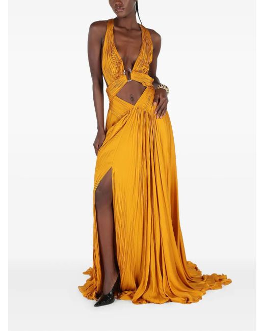 Roberto Cavalli Silk Cut-Out Gown in Yellow | Lyst