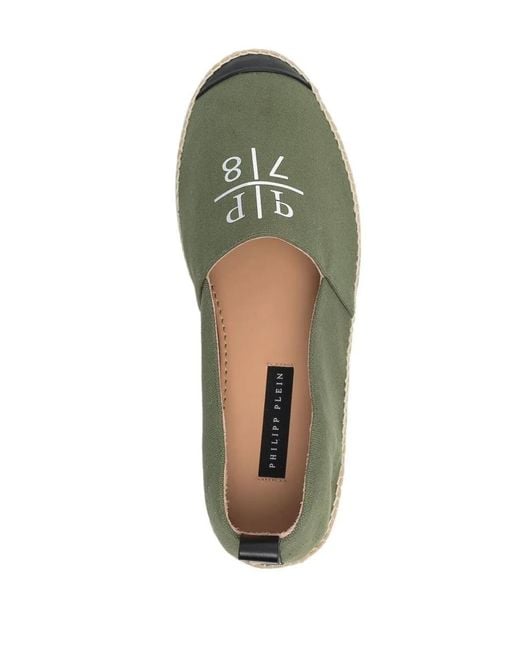 Philipp Plein Green Logo-Print Leather-Trim Espadrilles for men
