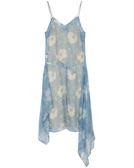 Plan C Blue Floral-print Silk Slip Dress