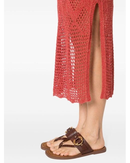 Twin Set Red Metallic Open-knit Maxi Dress