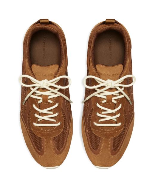 Tory Burch Brown Leather Mesh Panel Trainers