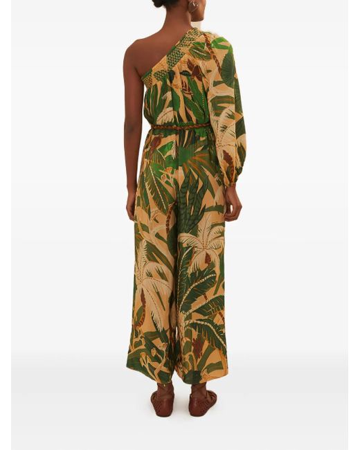 Farm Rio Metallic One-Shoulder Tropical-Print Jumpsuit