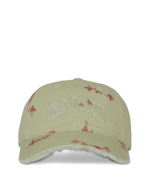 Ganni Green Floral-Print Distressed Baseball Cap