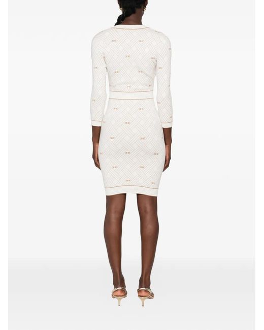 Elisabetta Franchi White Monogram-Pattern Button-Front Midi Dress