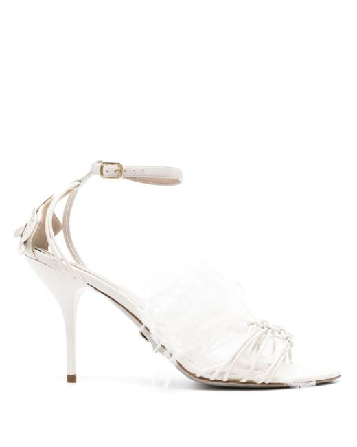Genny White 90mm Feather-detail Leather Sandals