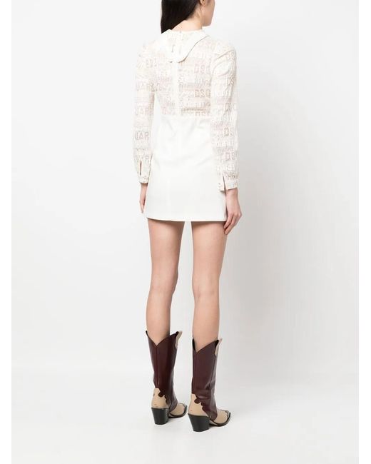DSquared² White Logo-Lace Long-Sleeve Minidress