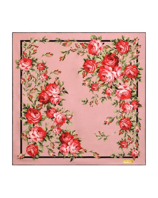 Dolce & Gabbana Pink Rose Bouquet-Print Silk Twill Scarf 90X90