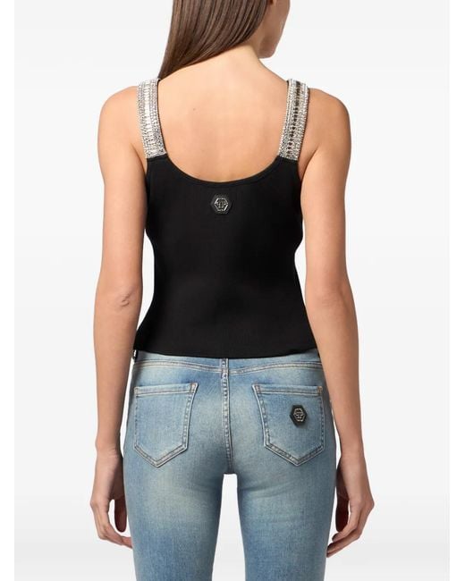 Philipp Plein Black Rib Tank Top Strass Hexagon