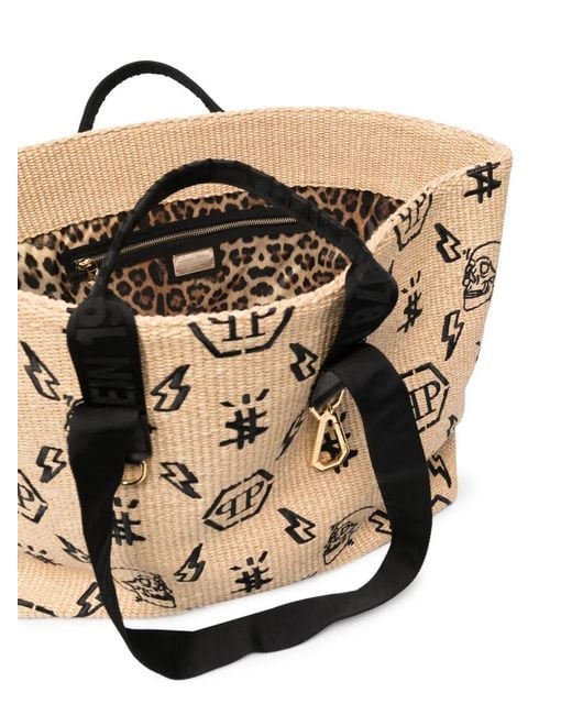Philipp Plein Multicolor Monogram-Motif Wicker Tote Bag