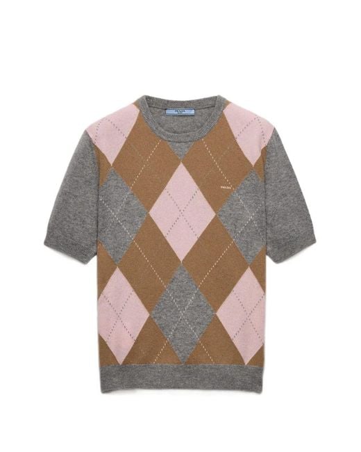 Prada Gray Short-Sleeved Argyle Cashmere Sweater