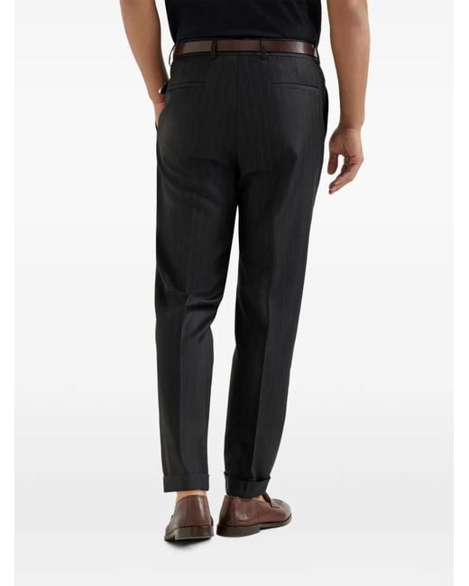 Brunello Cucinelli Black Stripe Pleat Trousers for men
