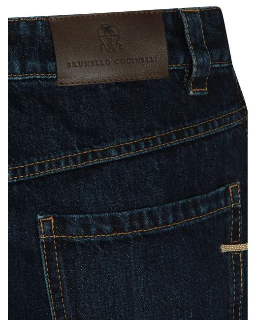 Brunello Cucinelli Blue Chain-Embellished Five-Pocket Jeans
