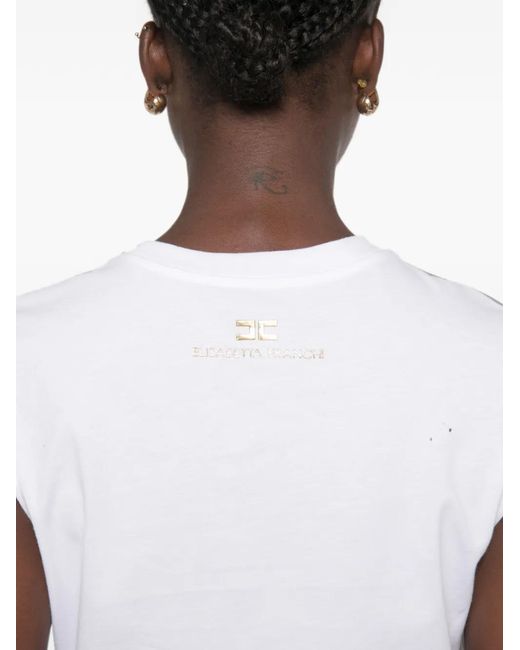 Elisabetta Franchi White Knot-Detail Padded-Shoulder T-Shirt