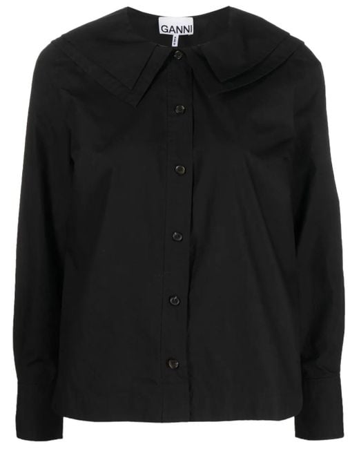 Ganni Black Layered Bib-Collar Cotton Shirt
