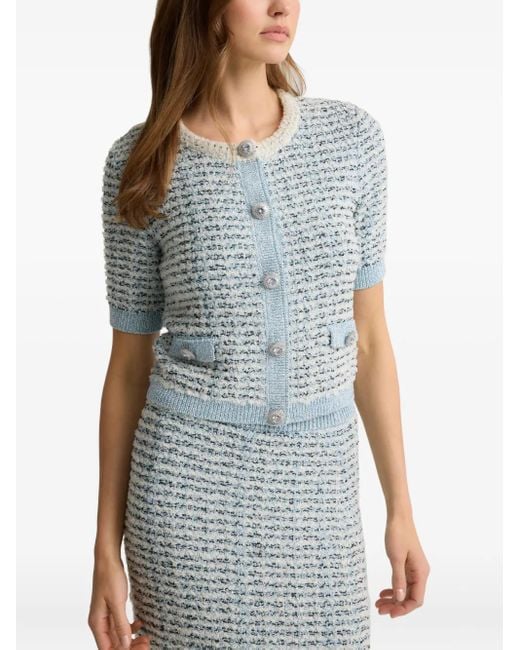 St. John Blue Sequin-Embellished Button Top