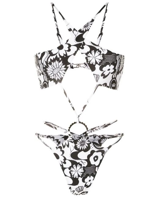 Amir Slama White Floral-Print Crossover Swimsuit
