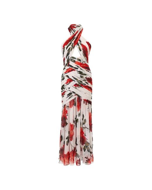 Carolina Herrera White Rose-Print Chiffon Midi Dress