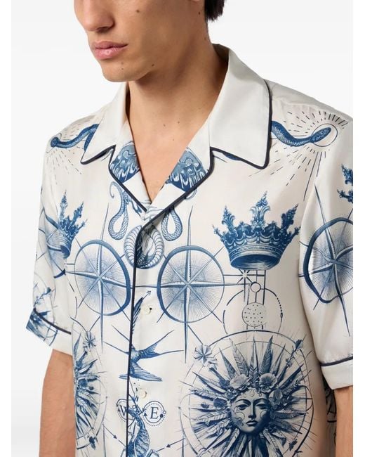 Philipp Plein Blue Printed Silk Shirt for men