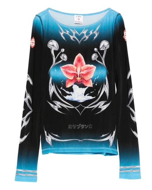 Casablanca Blue Orchid-Print Long-Sleeve T-Shirt
