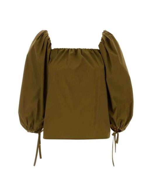 Saint Laurent Green Puff-Sleeve Square-Neck Blouse