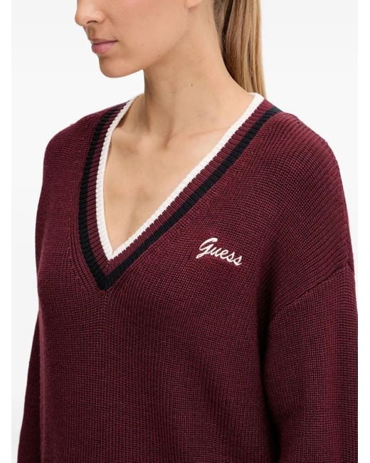 Guess Red V-Neck Striped Sweater