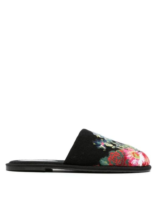 Barrie Black Floral Intarsia-Knit Cashmere Slippers