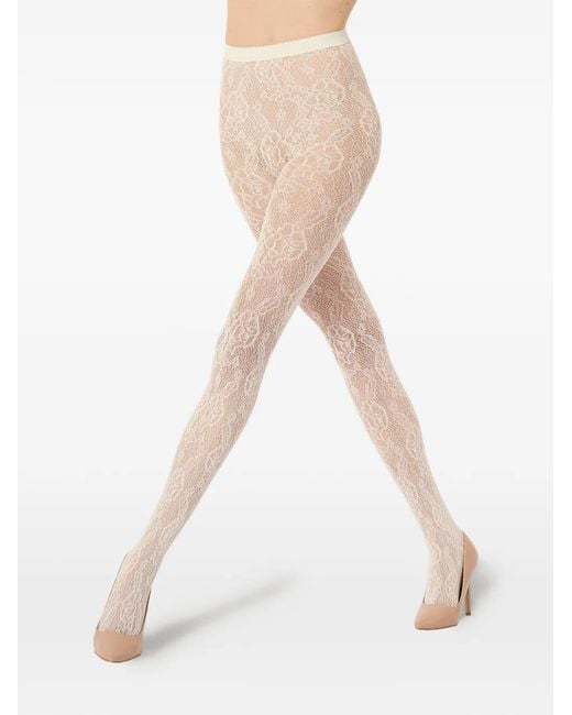 Wolford White Floral Lace-Mesh Tights