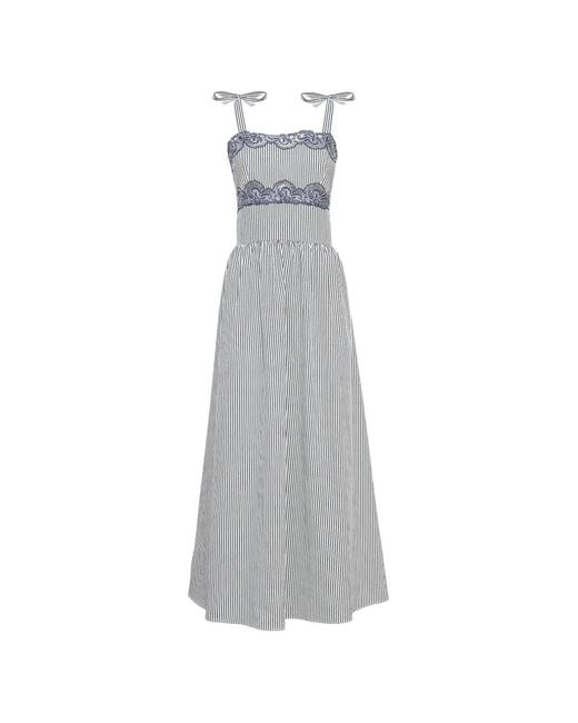 Loretta Caponi White Sabine Lace-Trimmed Striped Midi Dress