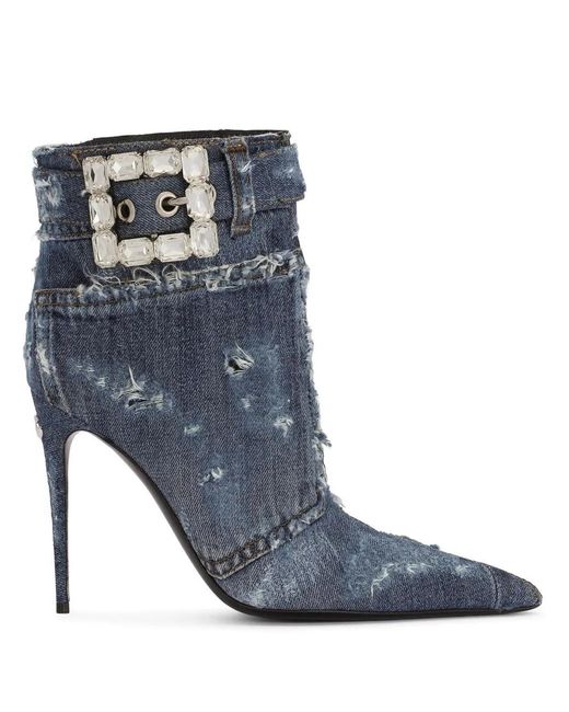 Dolce & Gabbana Blue Patchwork Denim Ankle Boots With Rhinestone Buckle