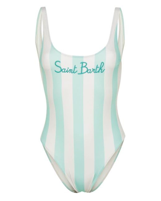 Mc2 Saint Barth Blue Logo-embroidered Striped Swimsuit