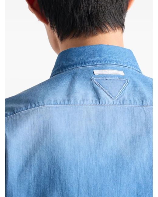Prada Blue Short-Sleeved Light Denim Shirt for men