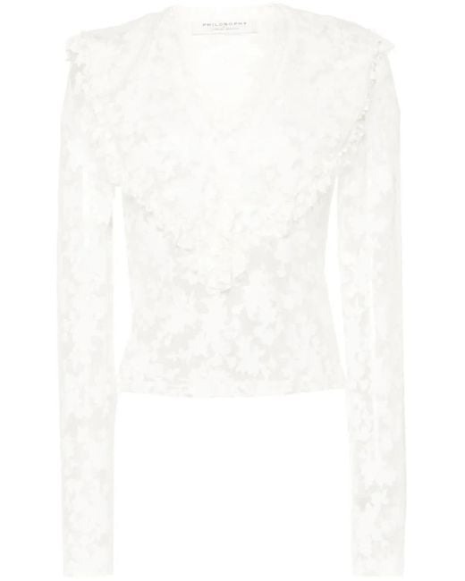 Philosophy Di Lorenzo Serafini White Semi-Transparent Viscose Blouse With Floral Motif