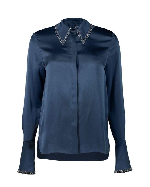 Twp Blue Rhinestone-embellished Pointed-collar Shirt