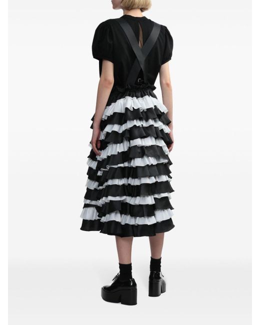 Noir Kei Ninomiya Black Striped Ruffled Dungaree Midi Dress