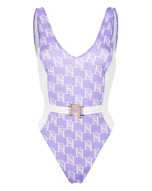 Elisabetta Franchi Purple Logo-print Swimsuit