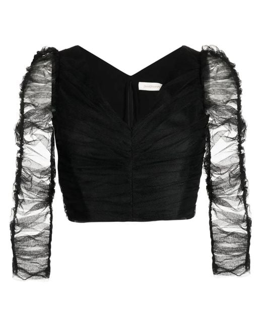 Zimmermann Black Ruched Tulle Cropped Top