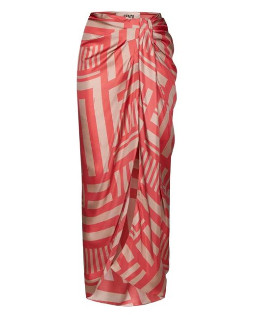 Fendi Red Labyrinth-Print Draped Maxi Skirt