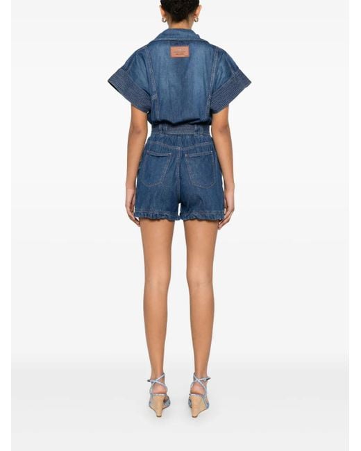 Elisabetta Franchi Blue Mc Denim Short Jumpsuit With Belt Detail