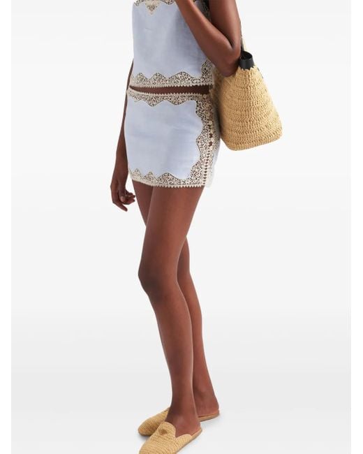 Prada Blue Lace-Trim Linen Mini Skirt