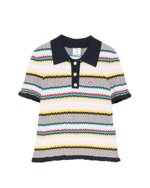 Casablanca Blue Chevron-Knit Polo Top