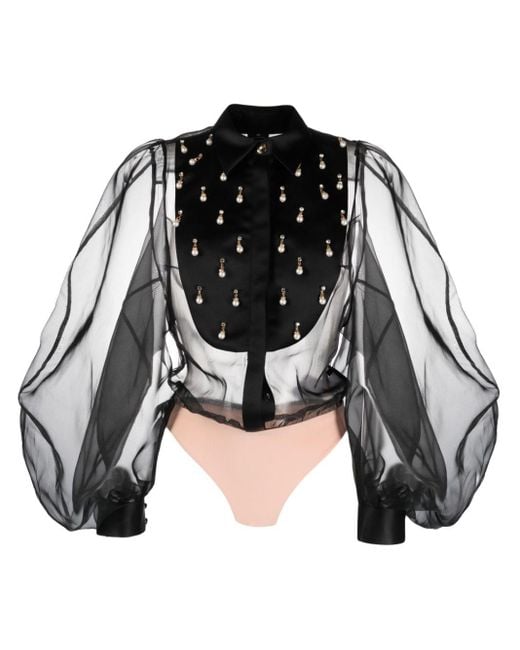 Elisabetta Franchi Black Faux-pearl Detail Organza Bodysuit