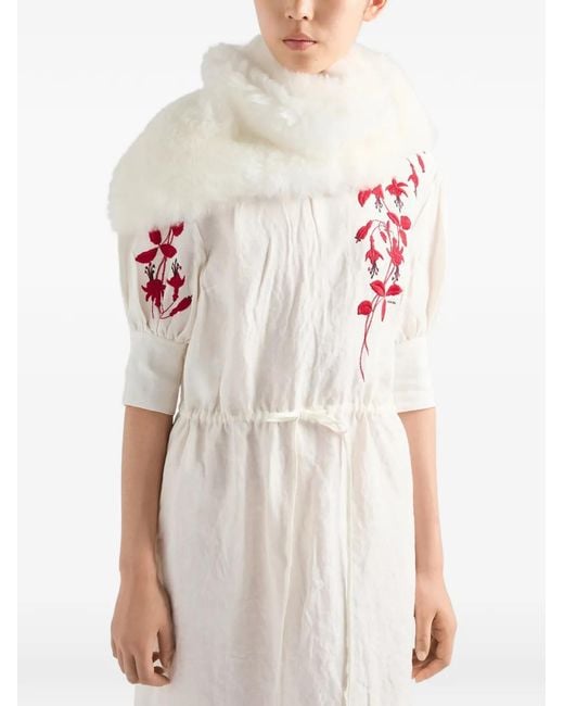 Prada White Embroidered Slubbed Fabric Midi Dress