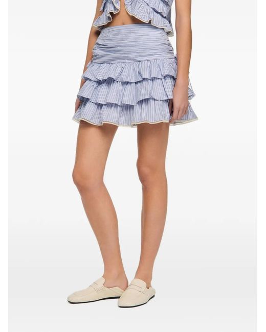 Sandro White Mini Striped Ruffled Skirt
