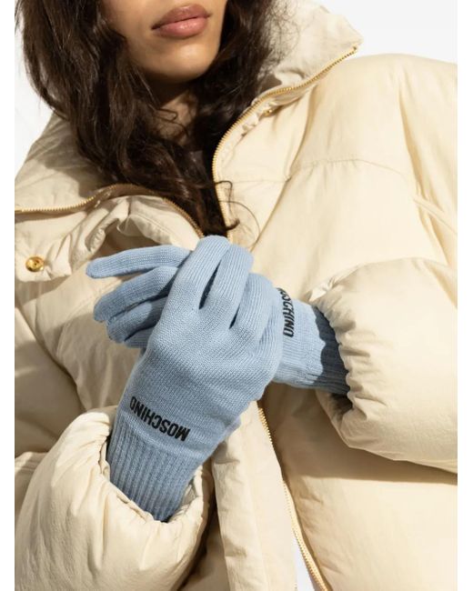 Guanti A Coste Con Logo Ricamato di Moschino in Blue