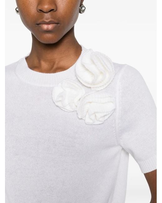 Allude White Flower-Appliqué T-Shirt