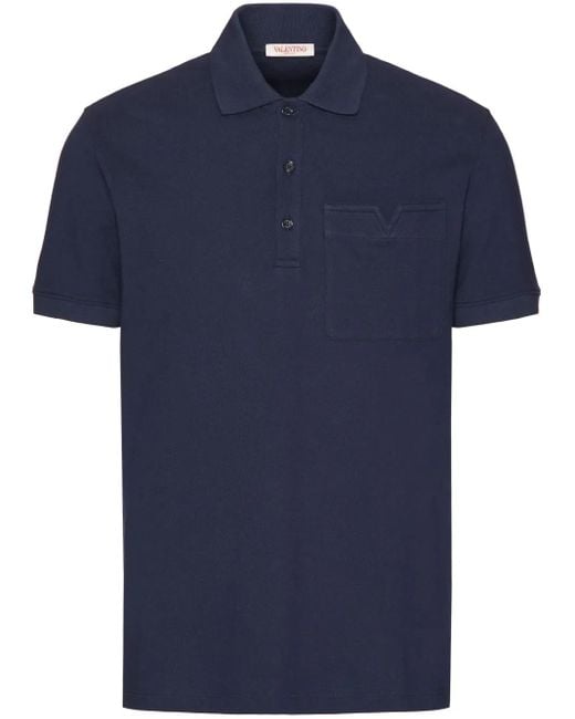 Valentino Garavani Blue V-Detail Piqué Polo Shirt for men