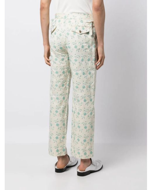 Bode White Floral-Embroidery Straight-Leg Trousers for men