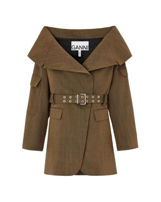Ganni Green Veste Ceinturée À Col Ample