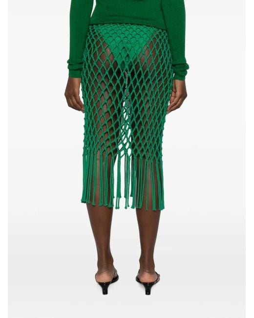 Frankie Shop Green Tropea Macramé-Knit Fringed Midi Skirt