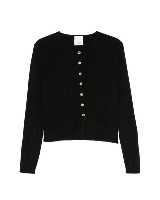 Allude Black Ribbed-Knit Button-Up Cardigan